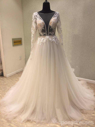 Manga longa sem encosto V decote vê por vestidos de casamento de casamento de cadarço, vestidos de casamento feitos alfandegários, vestidos de noiva de casamento disponíveis, WD244
