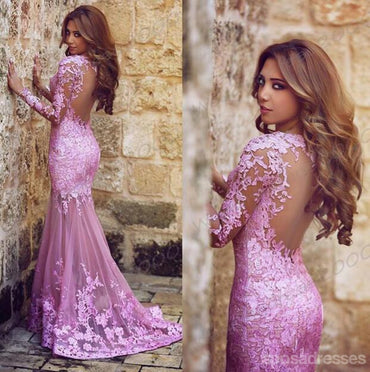 Long Sleeve Lilac Mermaid Lace Party Prom Dresses, Cheap Long Prom Dresses, PD1702