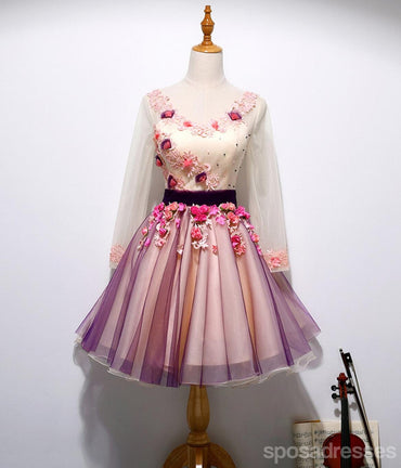 Long Sleeve Hand Made Flower Cute Homecoming Prom Dresses, Affordable Short Party Prom Dresses, Perfect Homecoming Dresses, CM322