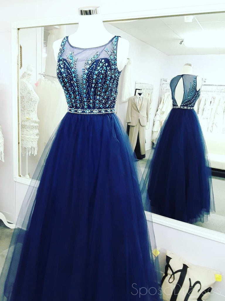 Sexy Open Back Royal Blue Delicate Beading Rhinestone A line Tulle Long Evening Prom Dresses, 17346