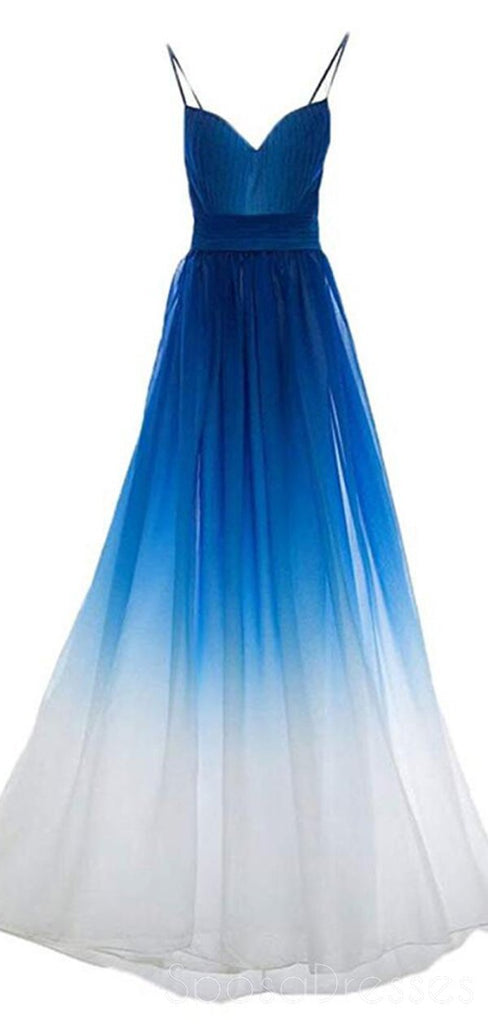 Chiffon Blue Ombre Spaghetti Straps Vestidos de fiesta largos y baratos por la noche, Sweet16 Vestidos, 18392