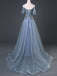 Λουράκια σπαγγέτι Γκρι Μπλε δαντέλα με χάντρες φθηνά μακριά βραδινά φορέματα, βραδινά φορέματα, 18642