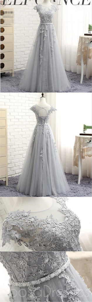 Sexy Open Back Cap Sleeve Gray Lace Beaded Evening Prom Dresses, Popular Lace Party Prom Dresses, Custom Long Prom Dresses, Cheap Formal Prom Dresses, 17178