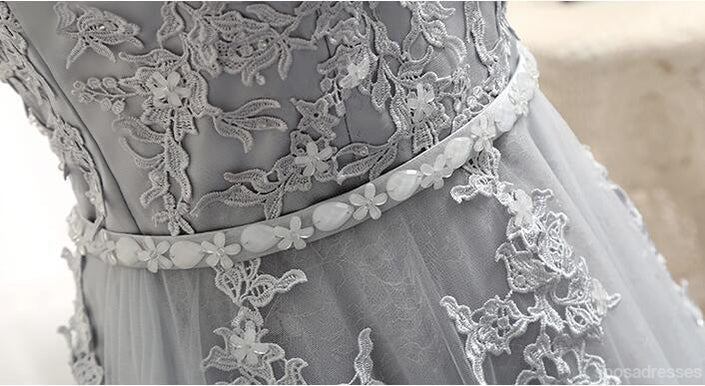 Sexy Open Back Cap Sleeve Gray Lace Beaded Evening Prom Kleider, Beliebte Lace Party Prom Kleider, Custom Long Prom Kleider, Günstige formale Prom Kleider, 1717178
