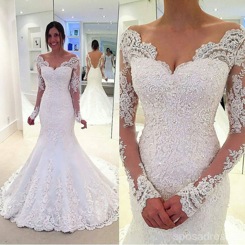 Μακρύ μανίκι από ώμο γοργόνα Lace Custom Wedding Dresses Online, WD349