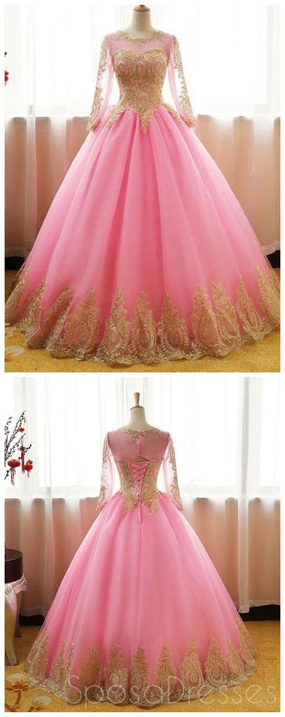 Manches longues en dentelle dorée jupe rose une ligne longue robes de bal de soirée, pas cher Sweet 16 robes, 18415