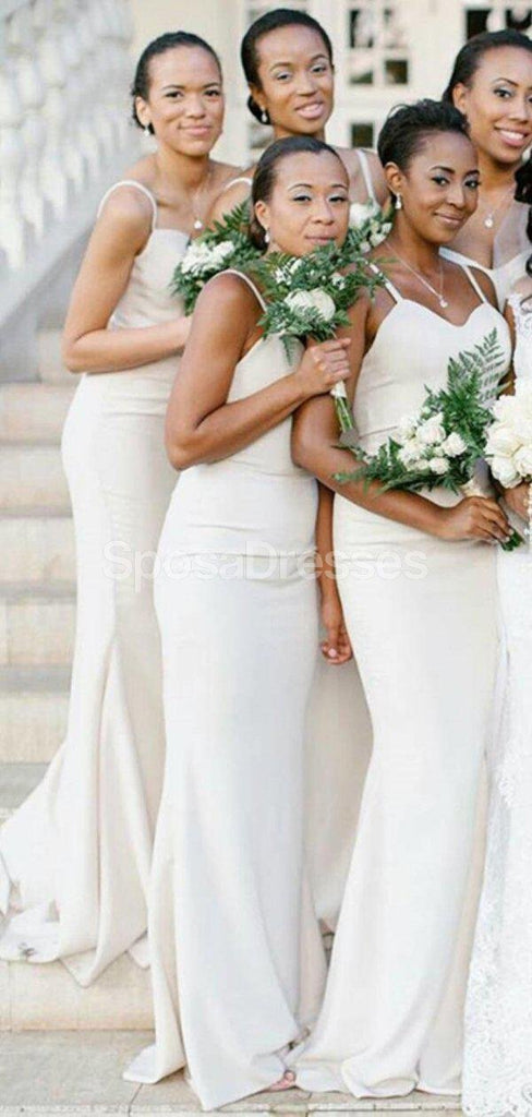Correas de espagueti de sirena blanca dama de honor larga adornan vestidos de damas de honor en línea, baratos, WG707
