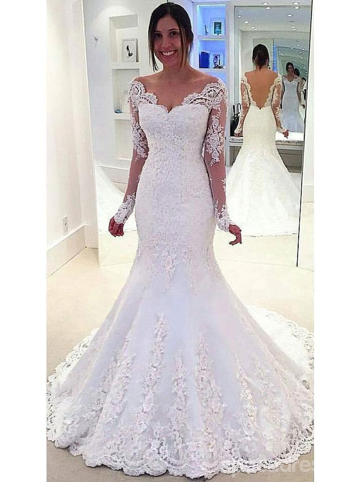 Μακρύ μανίκι από ώμο γοργόνα Lace Custom Wedding Dresses Online, WD349