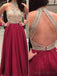 Sexy espalda abierta cabestro rojo oscuro dos cuentas vestidos de fiesta largos de noche personalizados, 17481