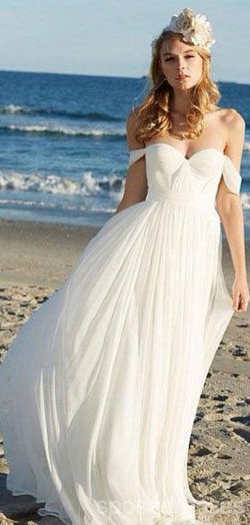 Απλό Off Shoulder Παραλία Γάμο Φορέματα Online, Φθηνά Νυφικά Φορέματα Chiffon, WD437