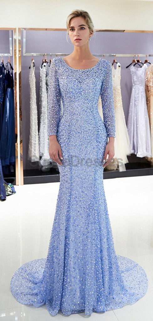 Μακριά μανίκια μπλε βαριά χάντρες γοργόνα βράδυ Prom φορέματα, Βραδινό Κόμμα Prom Φορέματα, 12057