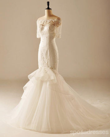 Κοντό Μανίκι Γοργόνα Δείτε Μέσα από το Πίσω Γαμήλια Φορέματα Δαντελλών, Custom Made νυφικά, Φθηνά Νυφικά Φορέματα, WD223