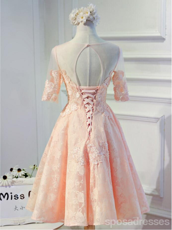 Κοντό μανίκι Ροδάκινο δαντέλα Open Back Homecoming Prom Dresses, Προσιτά φορέματα Short Party Prom, Perfect Homecoming Dresses, CM297