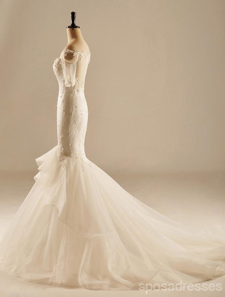 Short Sleeve Mermaid See Through Back Lace Wedding Dresses, Custom Made Wedding Dresses, Cheap Wedding Bridal Gowns, WD223