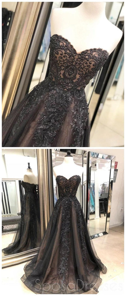 Sweetheart Black Lace Beaded A-line Long Evening Prom Dresses, Cheap Sweet 16 Vestidos, 18430