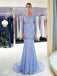 Μακριά μανίκια μπλε βαριά χάντρες γοργόνα βράδυ Prom φορέματα, Βραδινό Κόμμα Prom Φορέματα, 12057