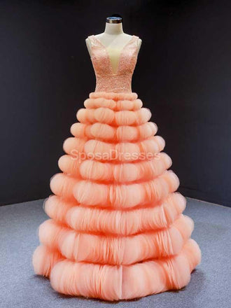 Unique V cou les boucles rondes ébouriffe de longues robes de bal d'étudiants du soir, des robes de bal d'étudiants du parti du soir, 12243