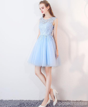 Cute Blue Illusion Lace Φτηνά Κοντά Φορέματα Homecoming Online, CM537