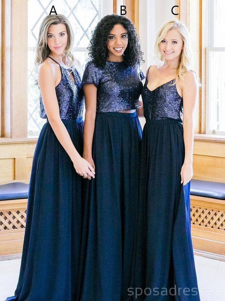 Cheap Mismatched Navy Sequin Custom Long Bridesmaid Dresses, WG232