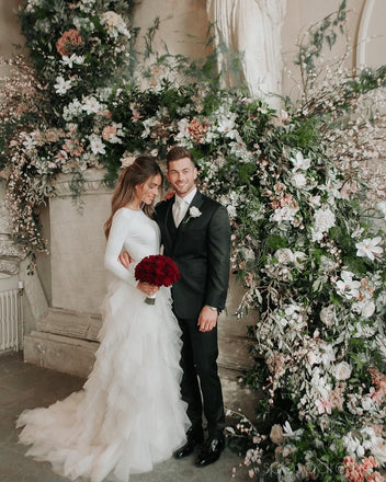 Robes de mariée en organza à volants à manches longues en ligne, robes de mariée en dentelle pas cher, WD482