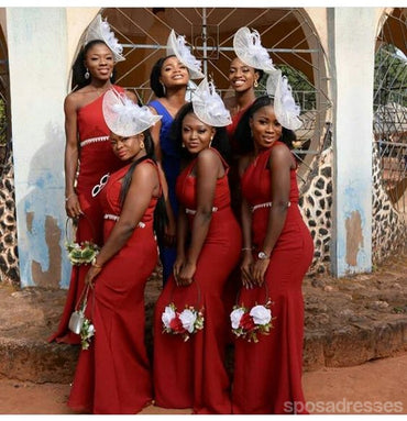 Sexy Red Mermaid One Shoulder Cheap Long Bridesmaid Dresses,WG1537