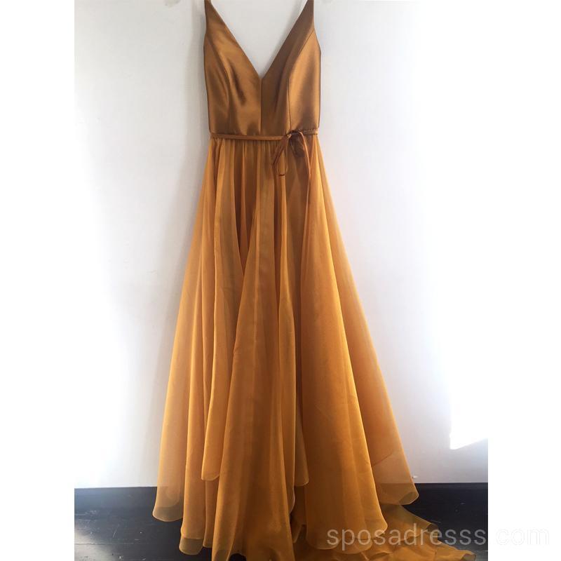 Simples V Neck Gold A-line Long Evening Prom Dresses, Cheap Custom Sweet 16 Vestidos, 18565