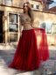 Προκλητικά Δύο Κομμάτια Από Ώμων Χρυσά Δαντελλών Σκούρα Κόκκινα Φορέματα Χορού Βραδιού Τούλι Μήκους Πατωμάτων Συνήθειας Μακριά, 17373