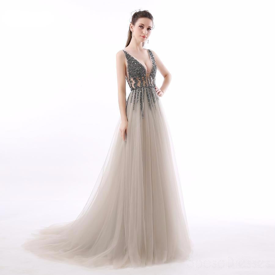 Sexy See through V Neck Beaded Tulle Une ligne Long Evening Prom Dresses, 17474