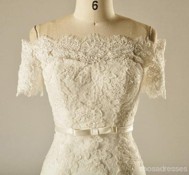 Lacet de taille d'empire de manche court robes de mariée perlées, robes de mariée faites personnalisées, robes de mariée de mariage bon marché, WD227