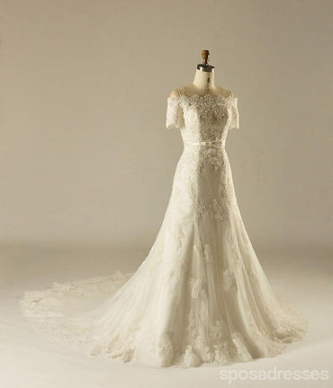 Lacet de taille d'empire de manche court robes de mariée perlées, robes de mariée faites personnalisées, robes de mariée de mariage bon marché, WD227