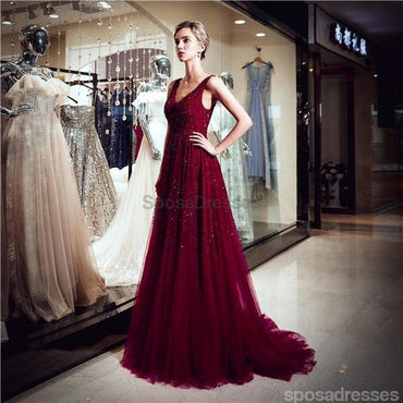 V cou robes de bal d'étudiants de soir d'A-ligne perlées rouge foncé, robes de bal d'étudiants du parti du soir, 12061