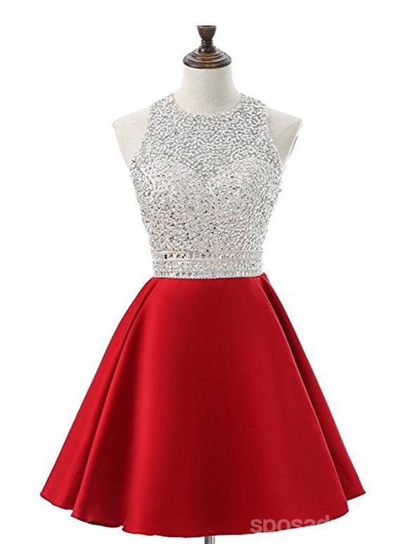 Φτηνές Halter σε μεγάλο Βαθμό διακοσμημένα με Χάντρες Χαριτωμένο Red Homecoming Φορέματα 2018, CM475