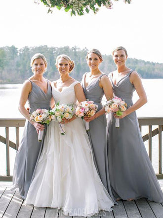 Vestidos de dama de honra longos baratos em chiffon com decote em V, WG236