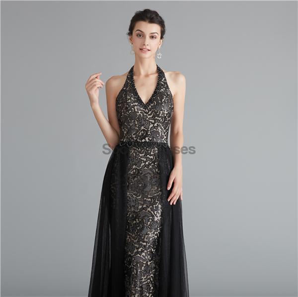 Sexy Halter Μαύρα Γοργόνα Lace Evening Prom Dresses, Evening Party Prom Dresses, 12124