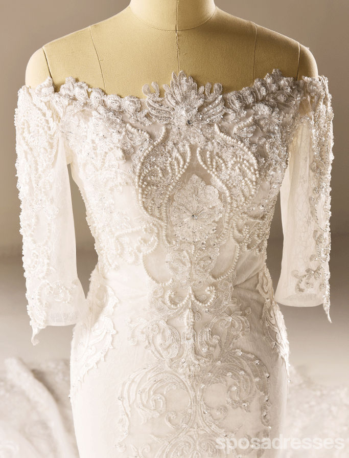 Long Sleeve Mermaid Lace Beaded Wedding Dresses, Custom Made Wedding Dresses, Affordable Wedding Bridal Gowns, WD228