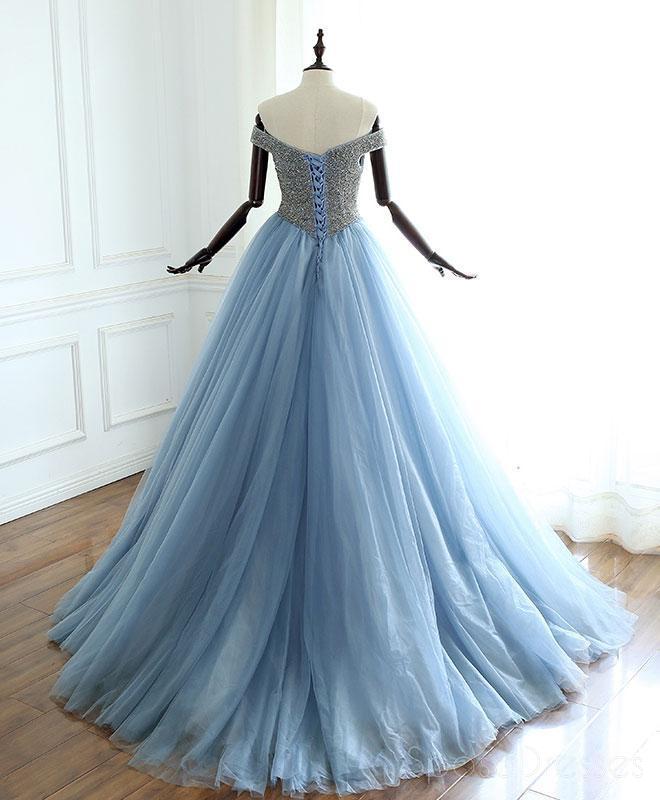 De l'épaule A-ligne perlée bleue poussiéreuse longues robes de bal d'étudiants du soir, 16 robes douces bon marché, 18413