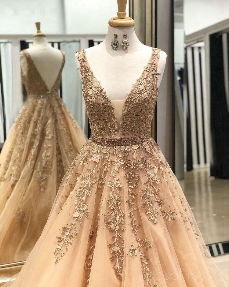 V Neck A-line Lace Φθηνά μακρά βραδινά φορέματα Prom, Φθηνά Custom Sweet 16 φορέματα, 18514