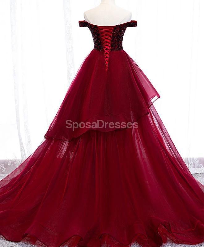 Dark Red Off Shoulder Ruffle Long Evening Prom Dress, Evening Party Prom Dress, 12217