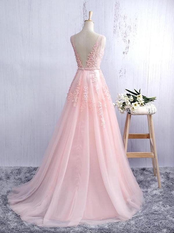 V Neckline Blush Pink Lace A line Tulle Evening Prom Dresses, A line Quinceanera Prom Dresses, Custom Long Prom Dresses, Cheap Formal Prom Dresses, 17140