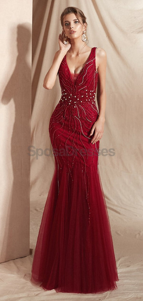 Robes de bal de soirée sirène perlée dos nu en V rouge foncé, robes de soirée, 12065