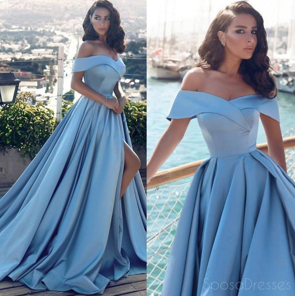 Blue Off Shoulder A line Simple Long Evening Prom Dresses, Cheap Custom Party Prom Dresses, 17325