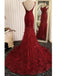 Rote Spitze Meerjungfrau V-Ausschnitt Günstige Lange Abend Abendkleider, Abendparty Abendkleider, 18643
