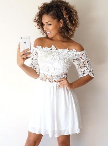 Κοντά μανίκια ώμου Λευκά φθηνά Homecoming φορέματα Online, CM613