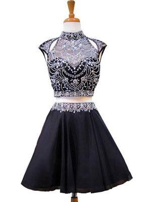 High Neck Beaded Short Two Piece Black Homecoming Dresses 2018, CM479