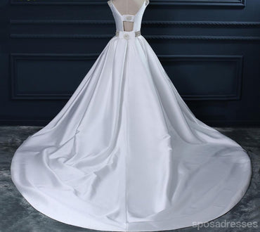 Encolure de Pelle Blanche dos nu Large ceinture Perlée Des Robes de Noce de Mariage de ligne, des Robes de Noce de Mariage Faites Personnalisées Abordables, WD261