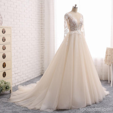 Sexy voir à travers les robes de mariée en dentelle à manches longues, robes de mariée sur mesure, robes de mariée de mariage abordables, WD238