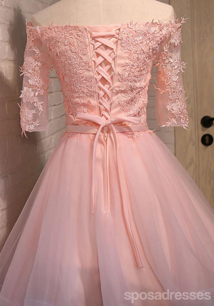 Από τον Ώμο Κοντό Μανίκι Ροζ Δαντέλα Χαριτωμένο Homecoming Prom Φορέματα, Οικονομικά Σύντομο Κόμμα Φορέματα Prom, Τέλεια Homecoming Φορέματα, CM306