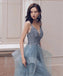Dusty Μπλε V Λαιμός Σπαγγέτι Ιμάντες Δαντέλα Χάντρες Φτηνές Βραδινά Φορέματα Prom, Βραδινό Κόμμα Prom Φορέματα, 12170