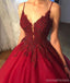 Dark Red A line Lace Beaded V Neckline Long Evening Prom Dresses, Long Party Prom Dresses, 17274