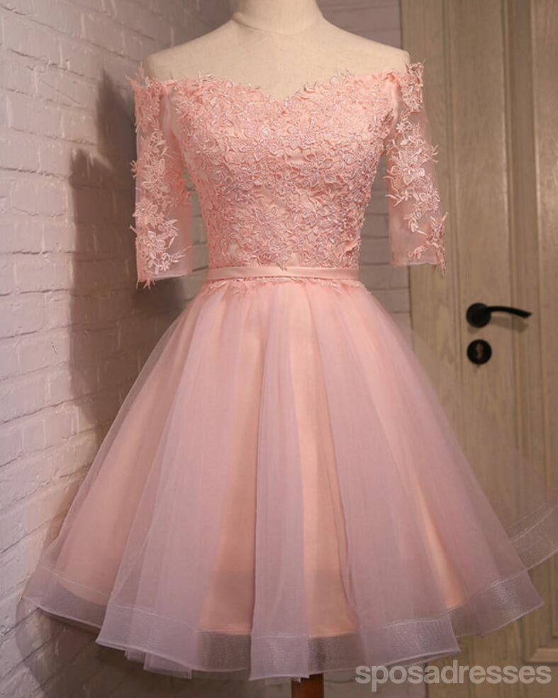 Από τον Ώμο Κοντό Μανίκι Ροζ Δαντέλα Χαριτωμένο Homecoming Prom Φορέματα, Οικονομικά Σύντομο Κόμμα Φορέματα Prom, Τέλεια Homecoming Φορέματα, CM306